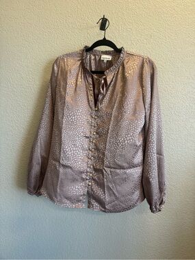 Heartloom Metallic Taupe Button-Front Ruffle Blouse